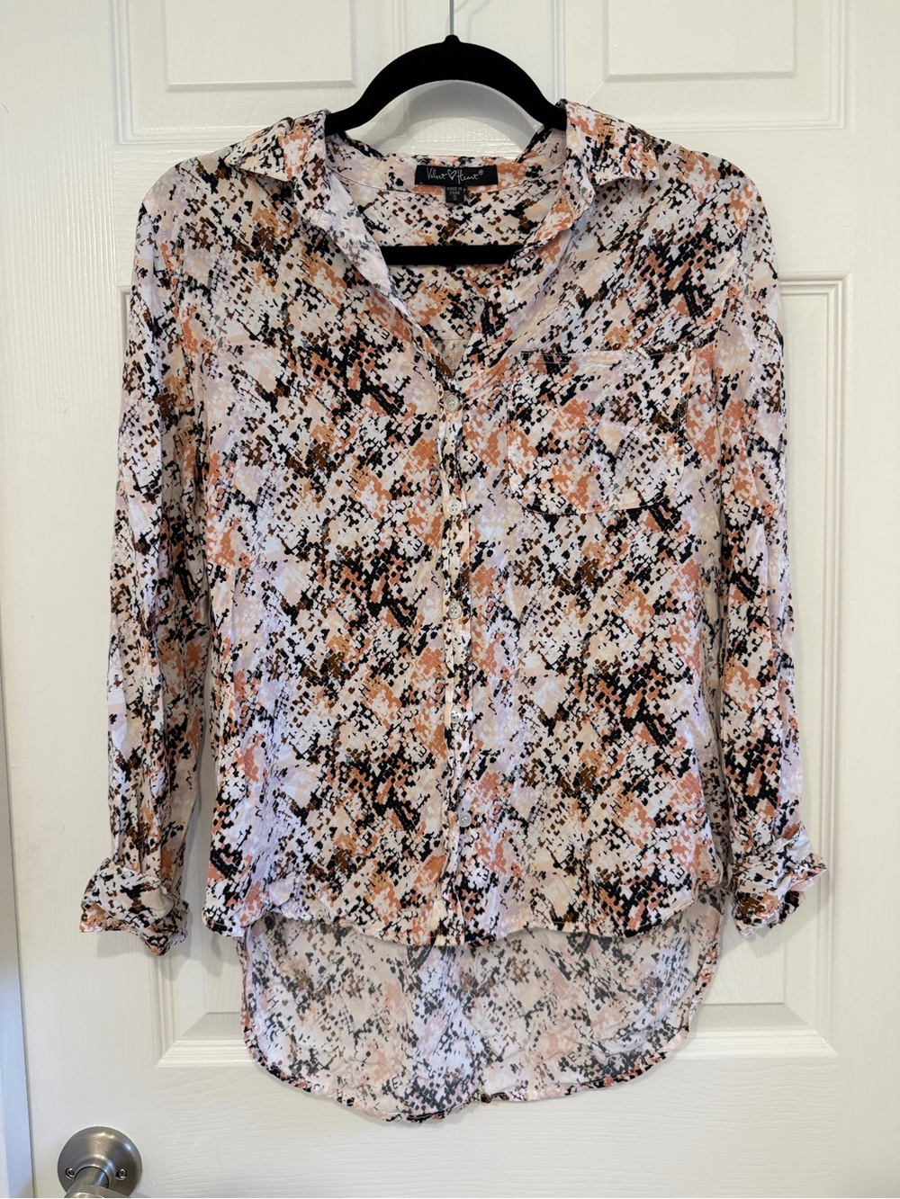 Velvet Heart Brown, Tan and Black Abstract Button-Down Blouse